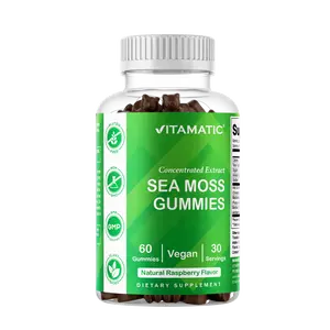 Vitamatic Raspberry Irish Sea Moss Gummies with Bladderwrack & Burdock Root - Edible Dietary, Daily Nutrition, Essential Minerals Vegan Supplement, Gluten Free, Immunity Boost, Energy-Boosting, Non-GMO, Nicotine-Free, 60 Count